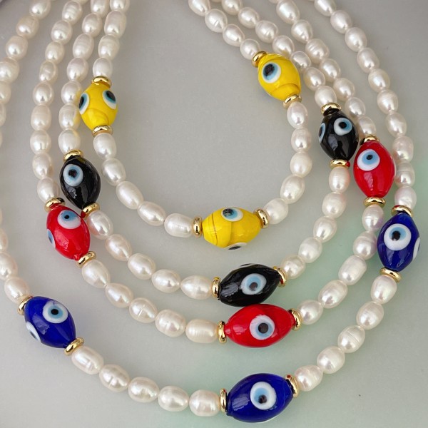 Glass Evil Eye Bead Pearl Necklace