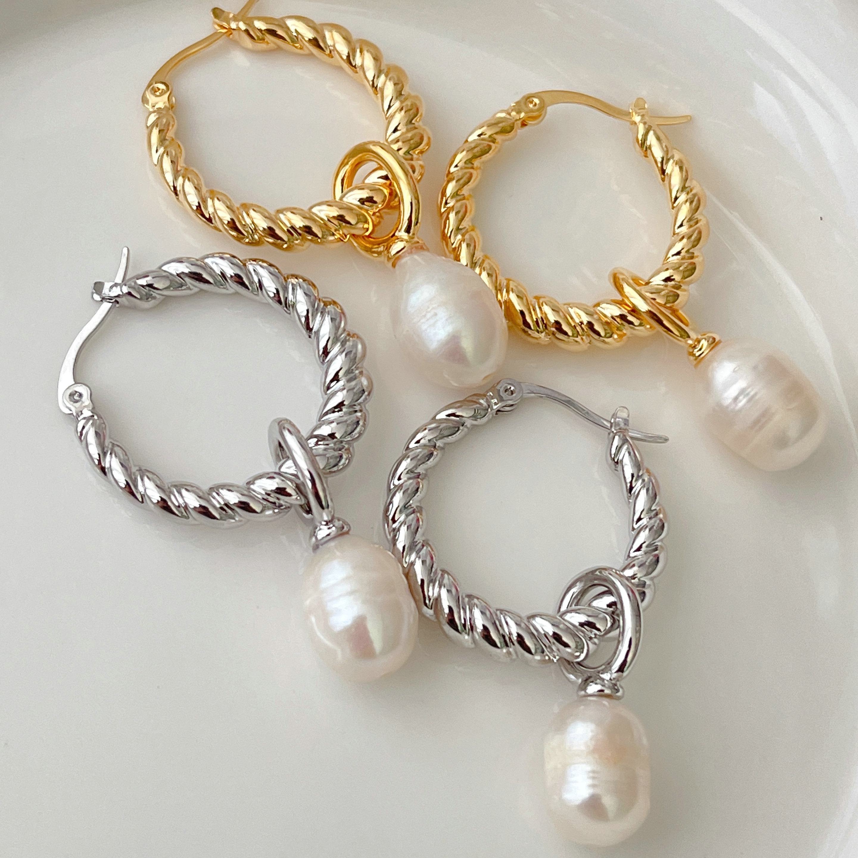 Twist Hoop Earrings With Pearl Charm