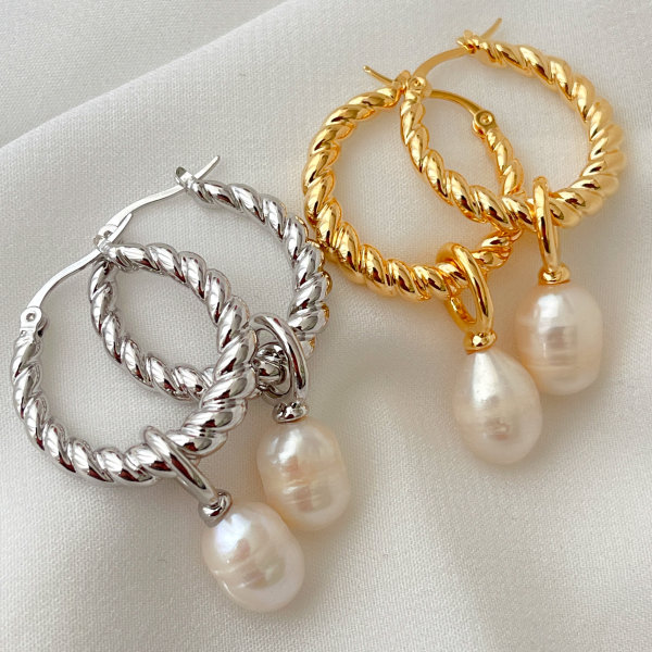 Twist Hoop Earrings With Pearl Charm