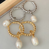 Twist Hoop Earrings With Pearl Charm
