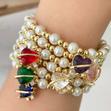 Glass Pearl Elastic Bracelet With Heart Charm