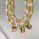 Glass Pearl Elastic Bracelet With Square Charm
