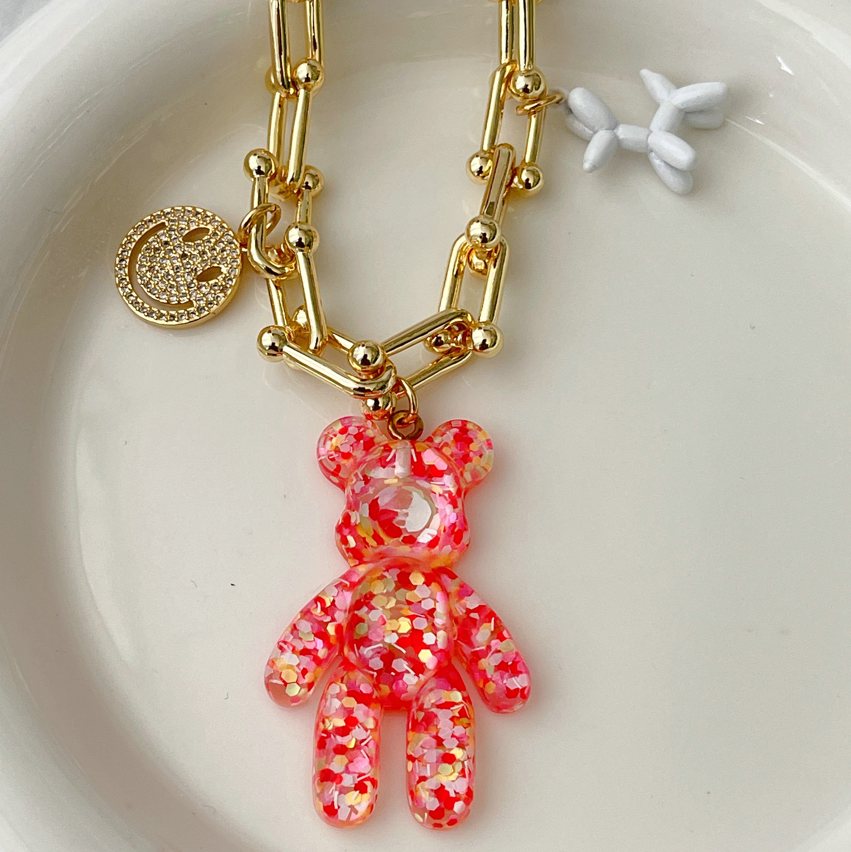 Pink Big Glass Bear Pendant Necklace