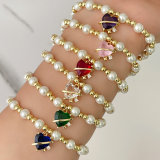 Glass Pearl Elastic Bracelet With Heart Charm