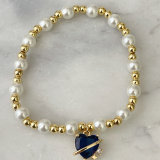 Glass Pearl Elastic Bracelet With Heart Charm