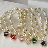 Glass Pearl Elastic Bracelet With Heart Charm