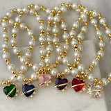 Glass Pearl Elastic Bracelet With Heart Charm