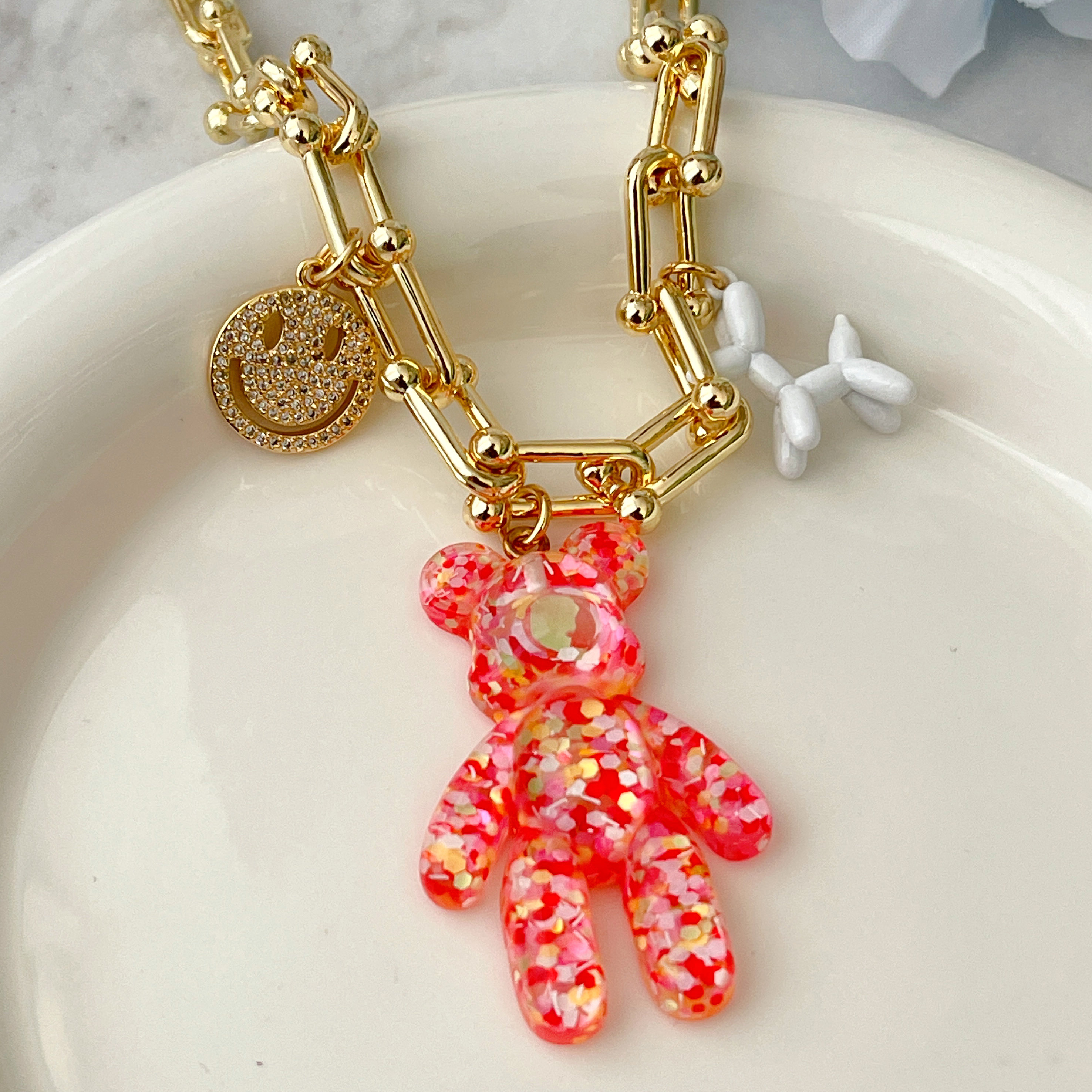 Pink Big Glass Bear Pendant Necklace