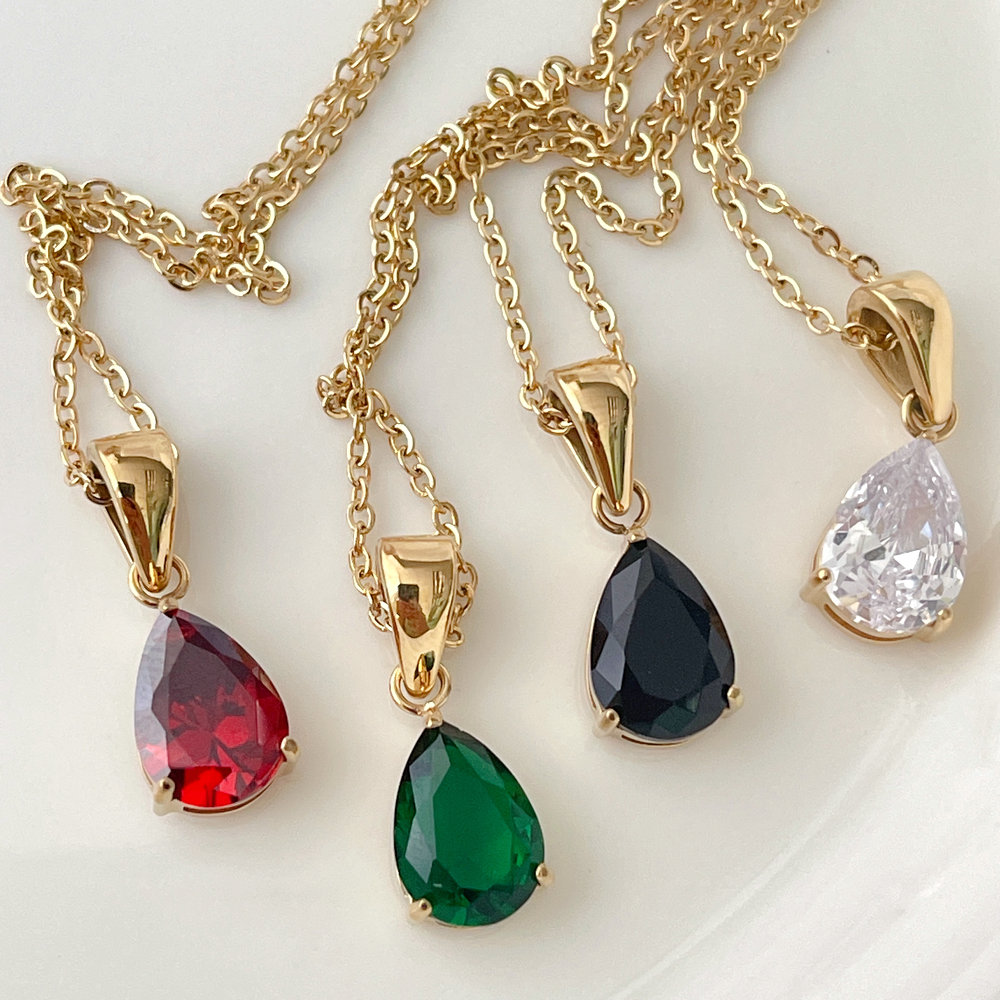 Stainless Steel Water-Drop Zircon Pendant Necklace