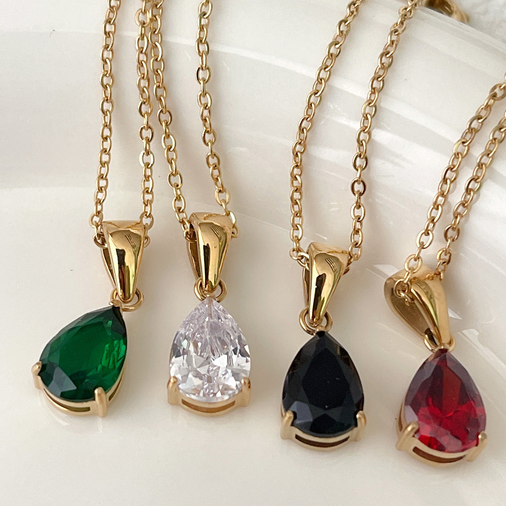 Stainless Steel Water-Drop Zircon Pendant Necklace