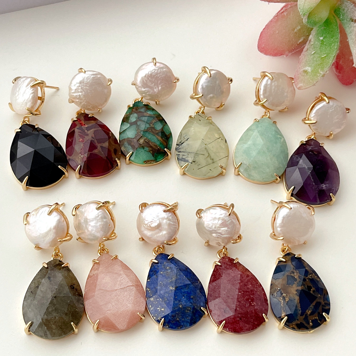 Pearl Earrings With Gemstone Pendant