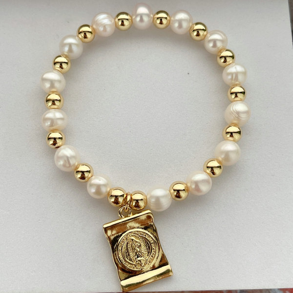 Fresh Water Pearl Elastic Bracelet With Cross Pendant