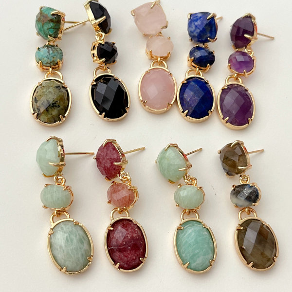 Oval Long Gemstone Earrings