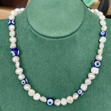Blue Evil Eye Fresh Water Pearl  Necklace