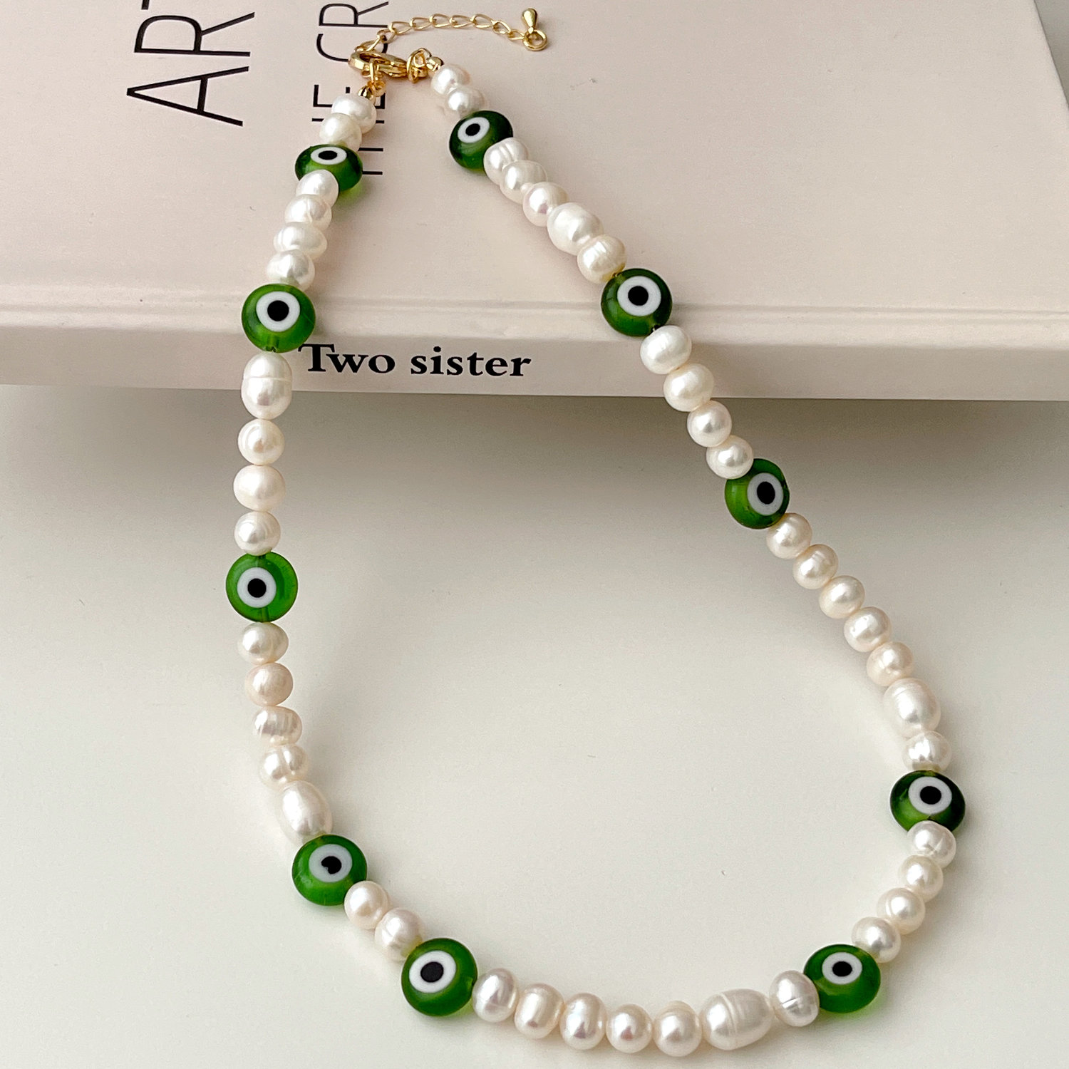 Green Evil Eye Fresh Water Pearl Necklace