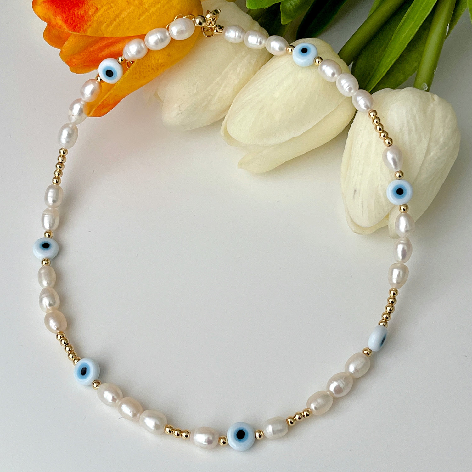 Fresh Water Pearl White Evil Eye Necklace