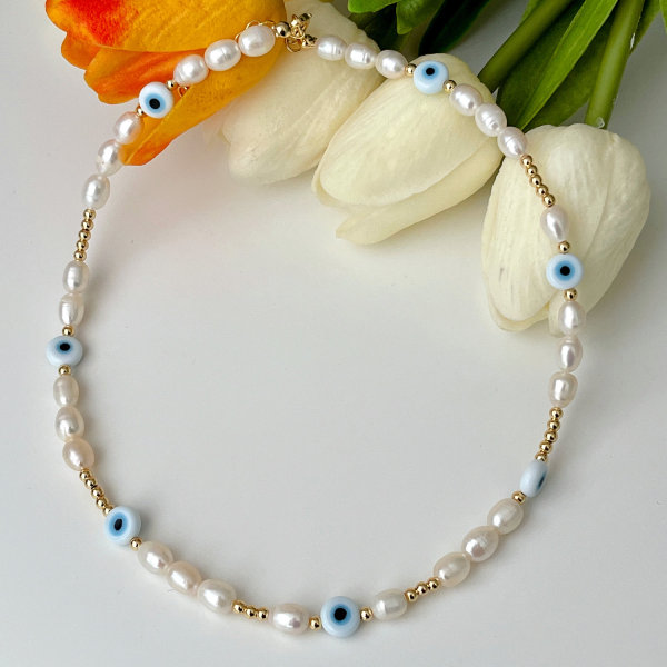 Fresh Water Pearl White Evil Eye Necklace