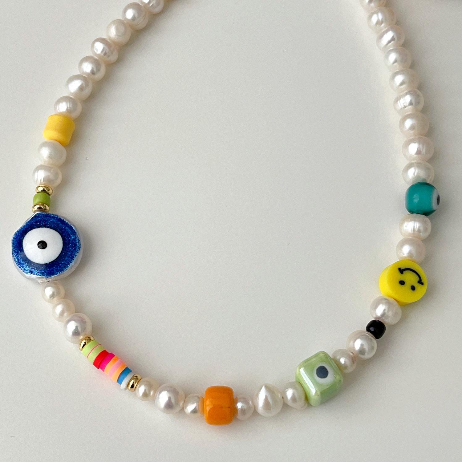 Blue Evil Eye Charm Fresh Water Pearl Necklace