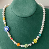 Blue Evil Eye Charm Fresh Water Pearl Necklace