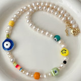 Blue Evil Eye Charm Fresh Water Pearl Necklace