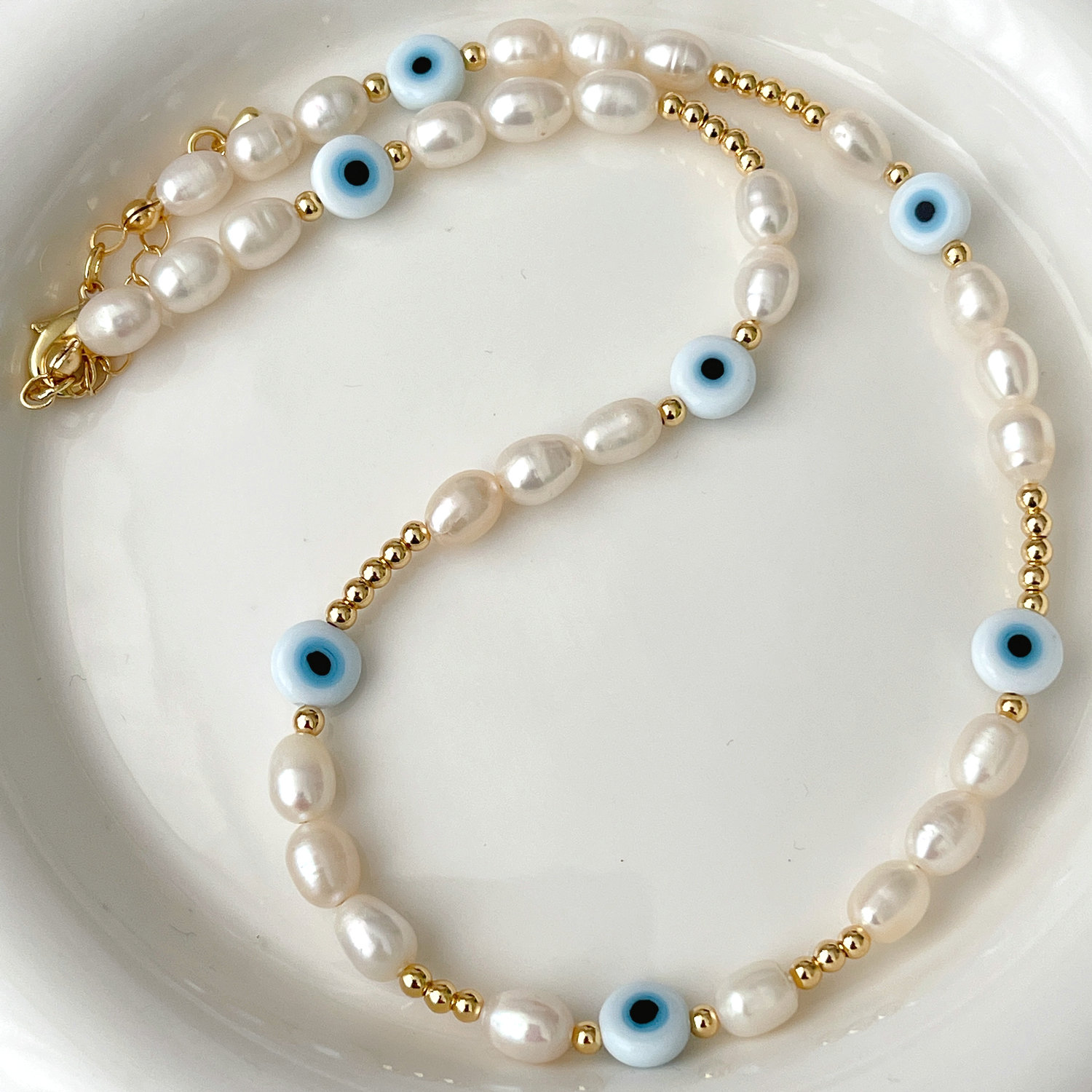 Fresh Water Pearl White Evil Eye Necklace