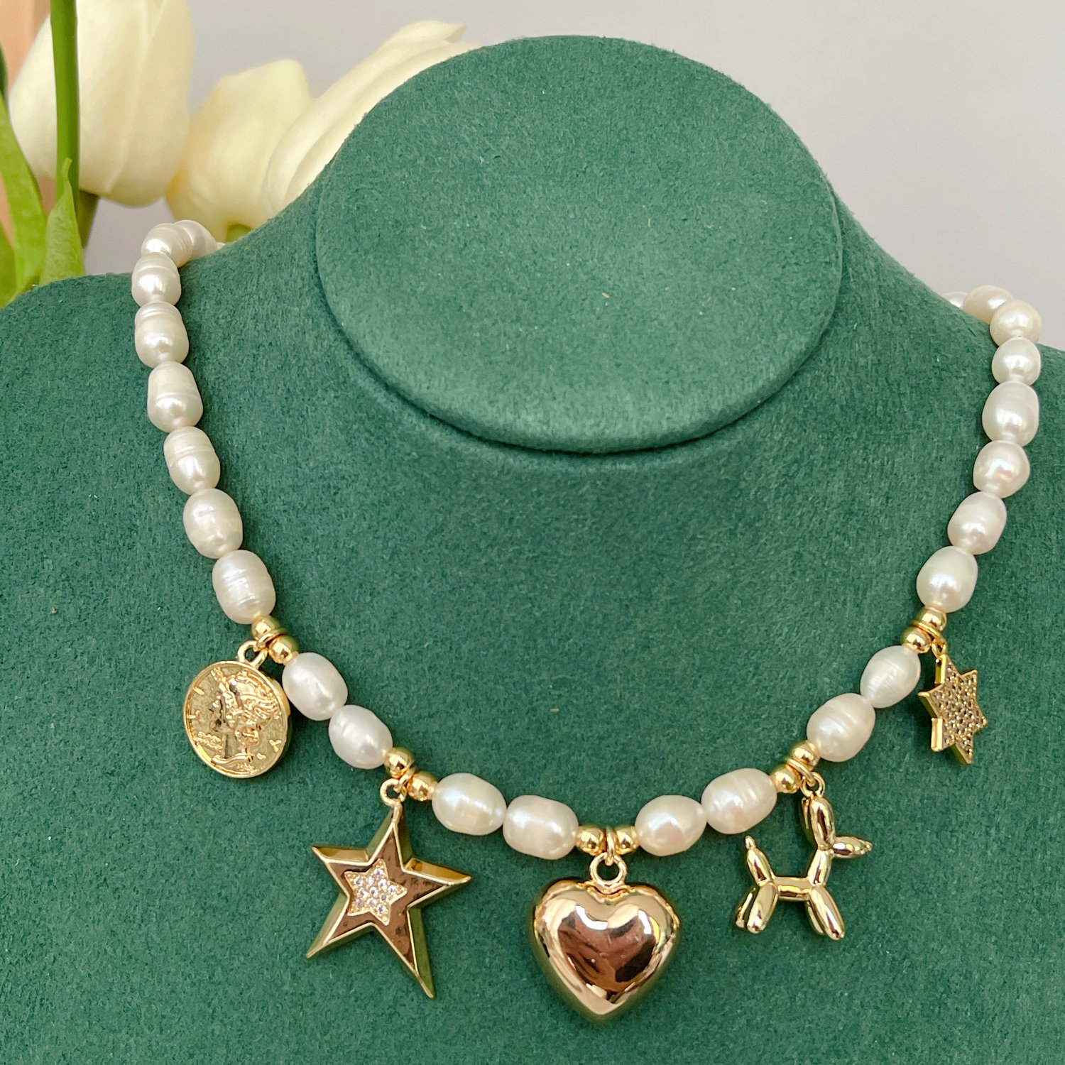 Dog Heart Star Coin Charms Pearl Necklace