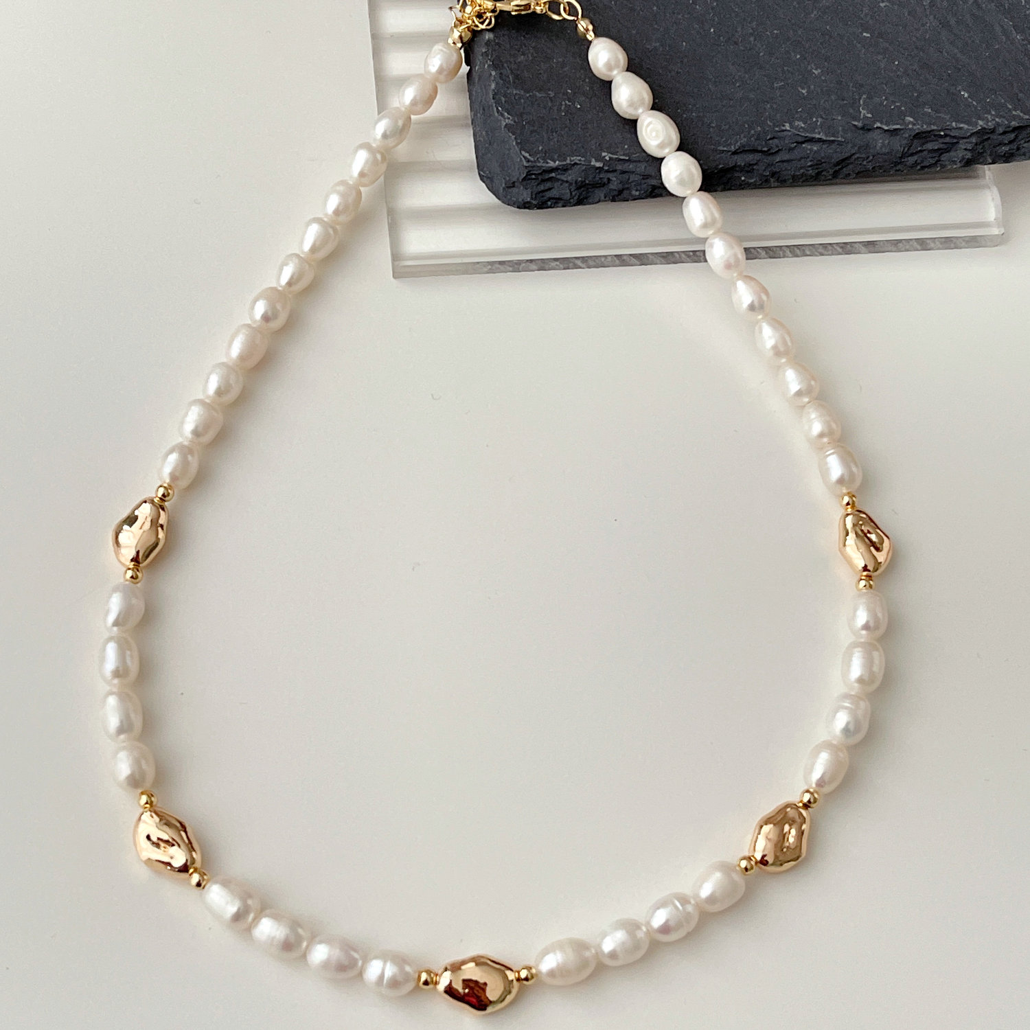 Gold Beaded Pearl Necklace