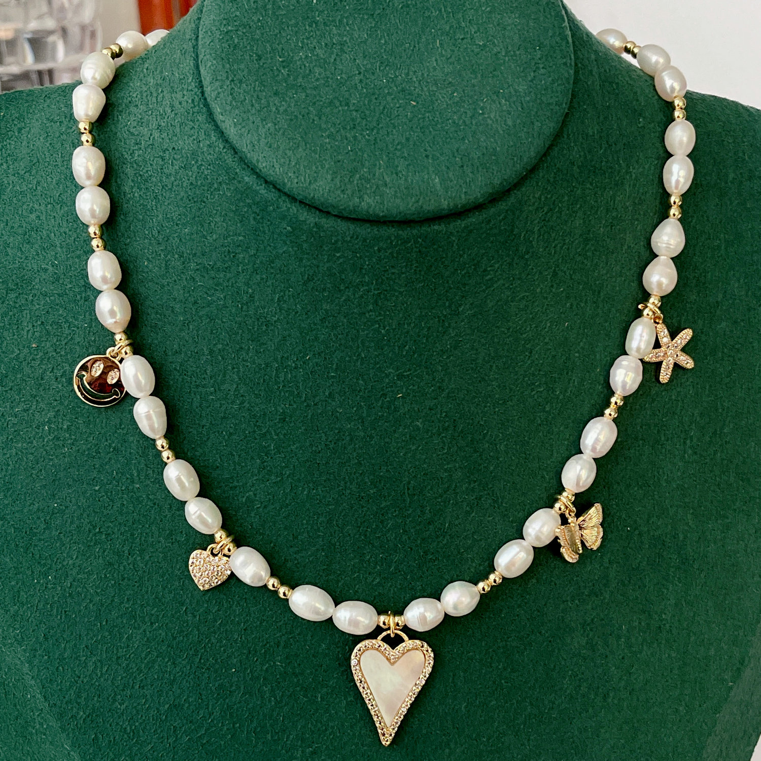 Pave Heart Charm Pearl Necklace