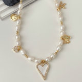 Pave Heart Charm Pearl Necklace