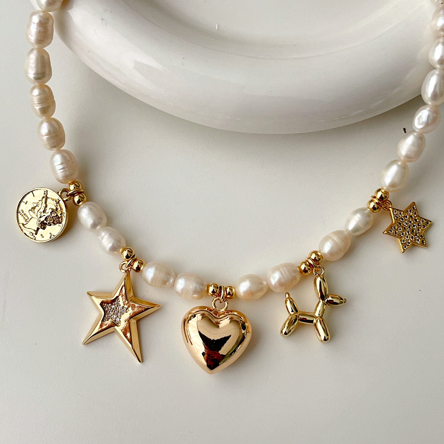 Dog Heart Star Coin Charms Pearl Necklace