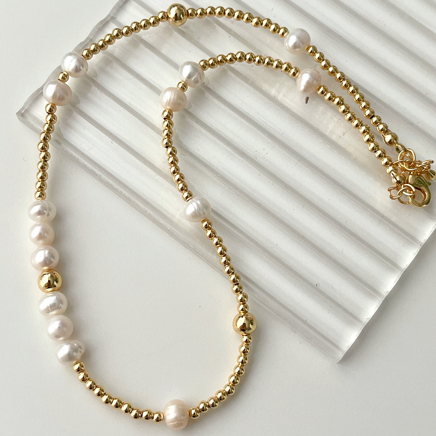 Fresh Water Pearl  Necklace With Gold Beaded