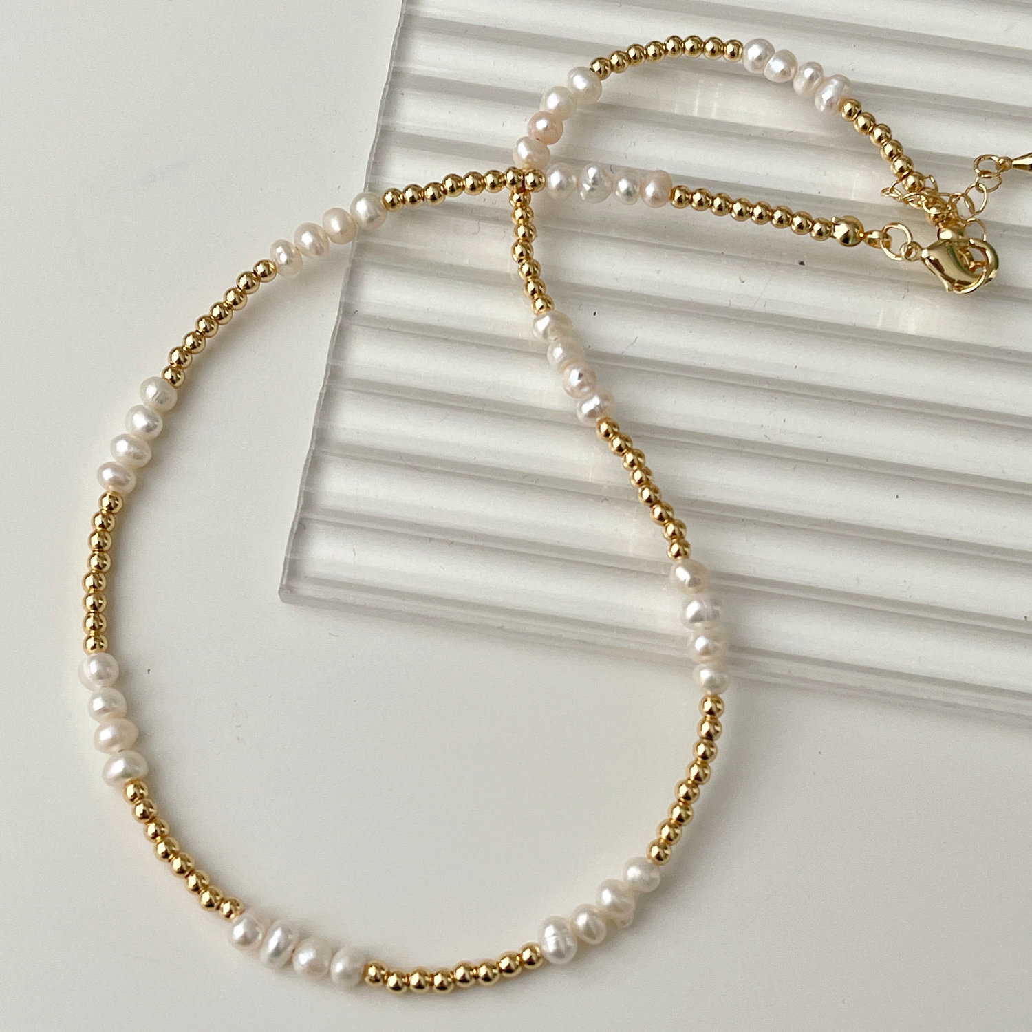 Fresh Water Pearl Necklace With Gold Beaded