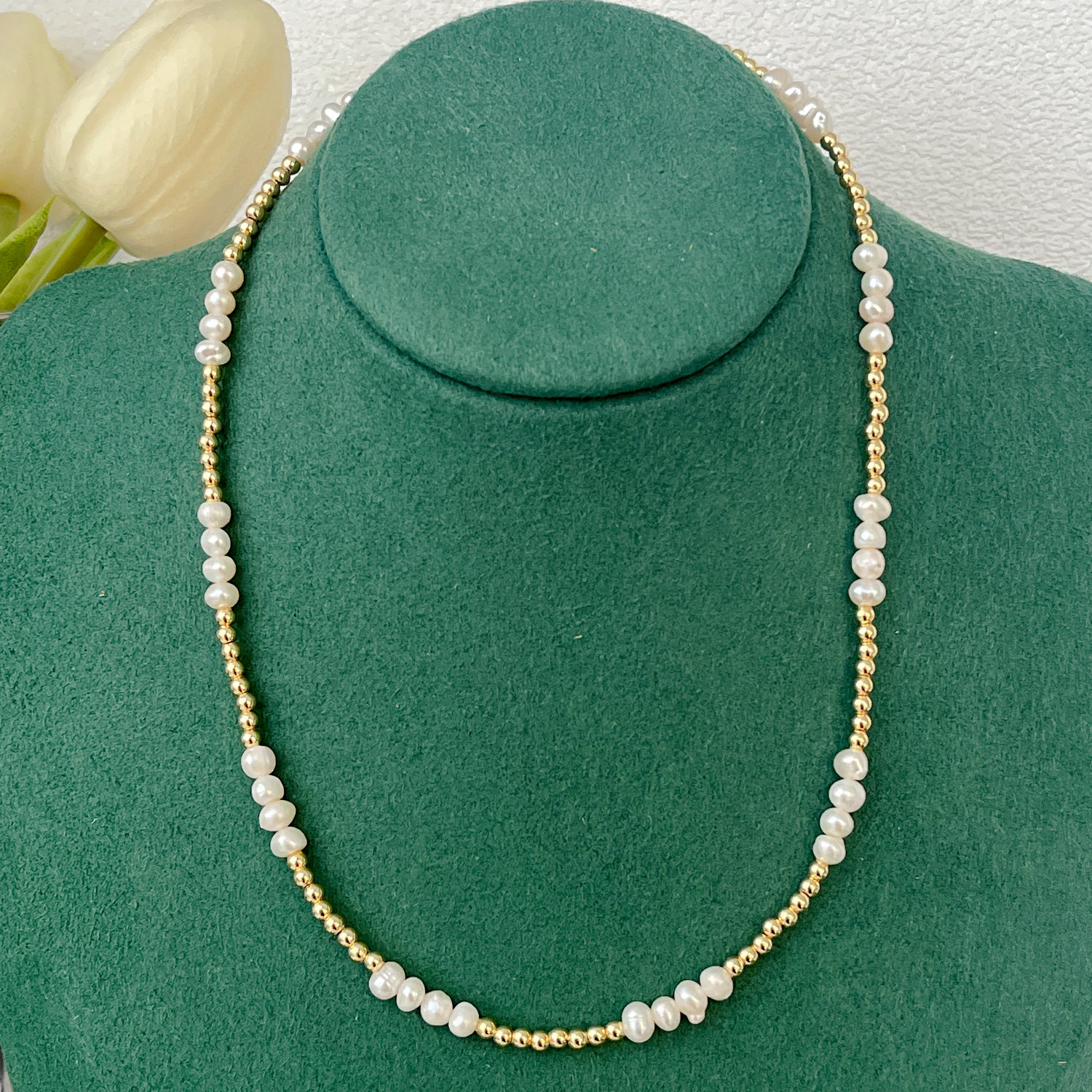 Fresh Water Pearl Necklace With Gold Beaded
