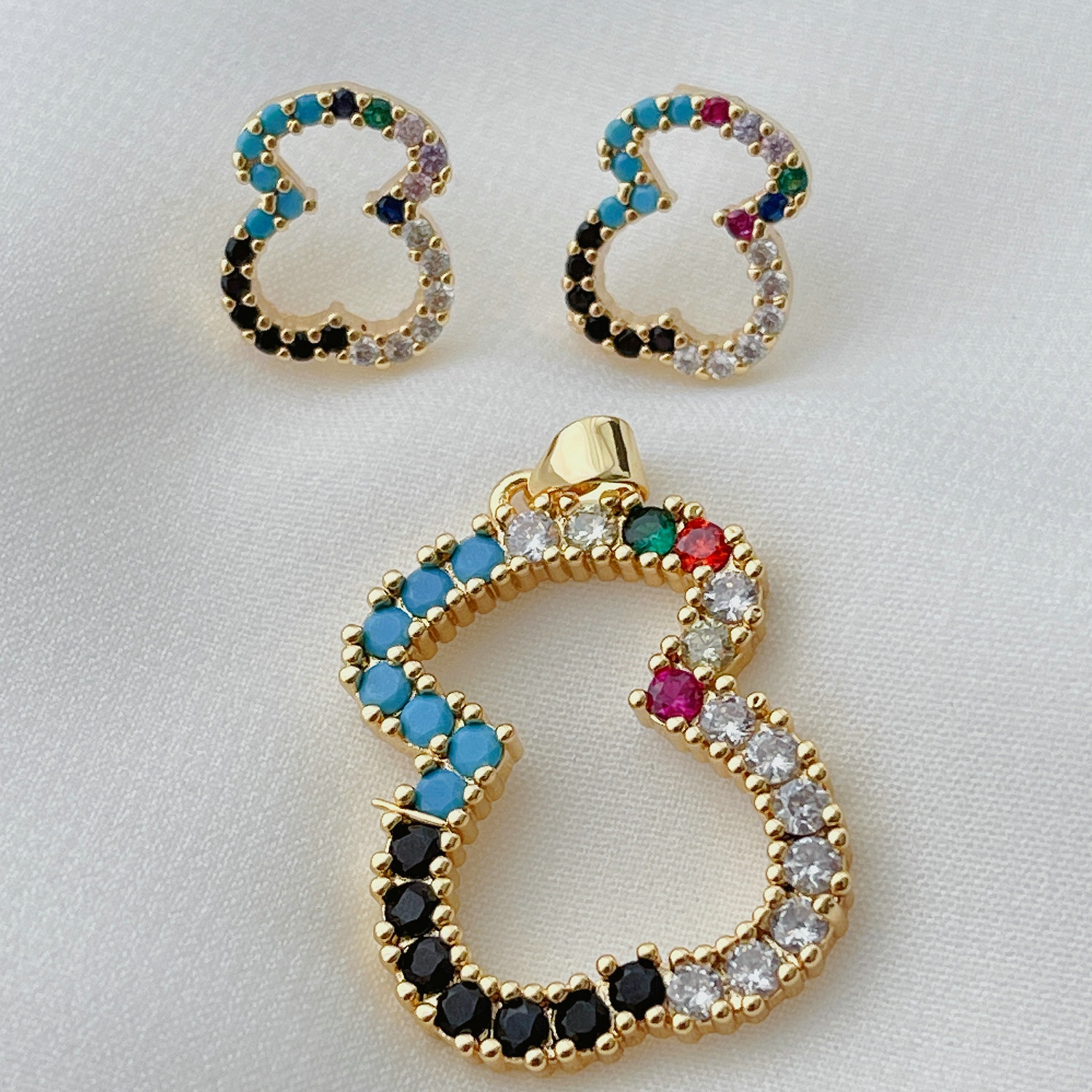 Colorful Bear Earring Stud With Pendant Set