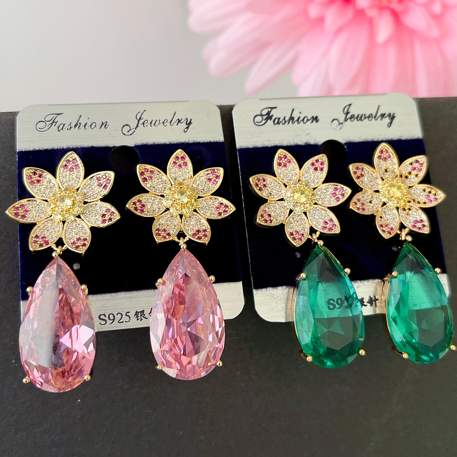 Pave Flower Drop Earrings