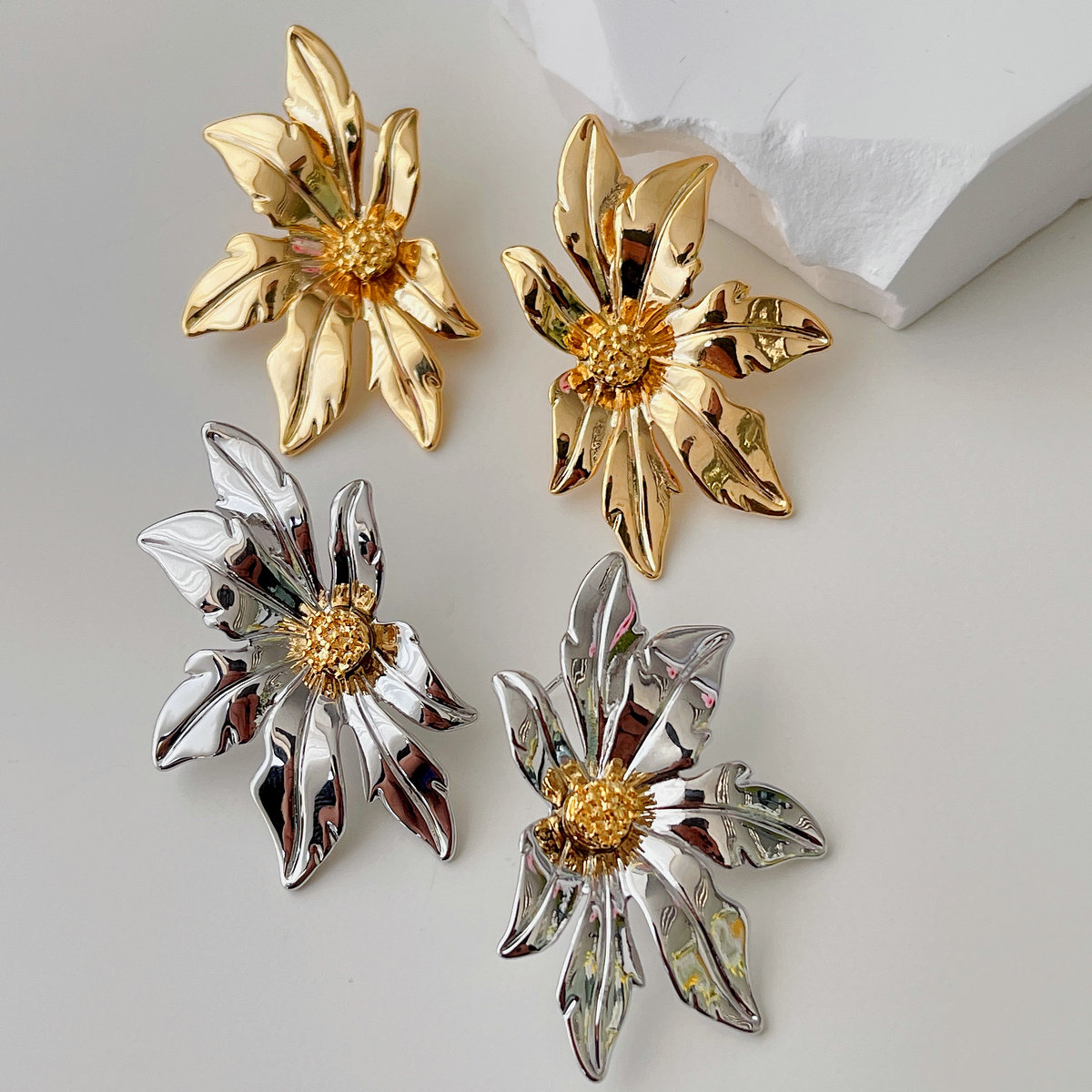 Gold Metal Flower Earrings
