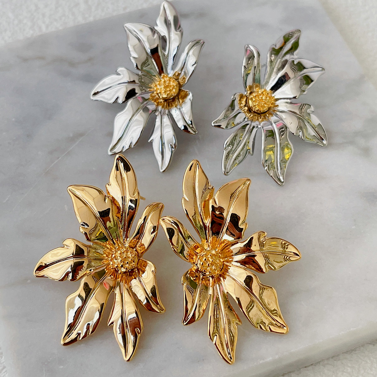 Gold Metal Flower Earrings