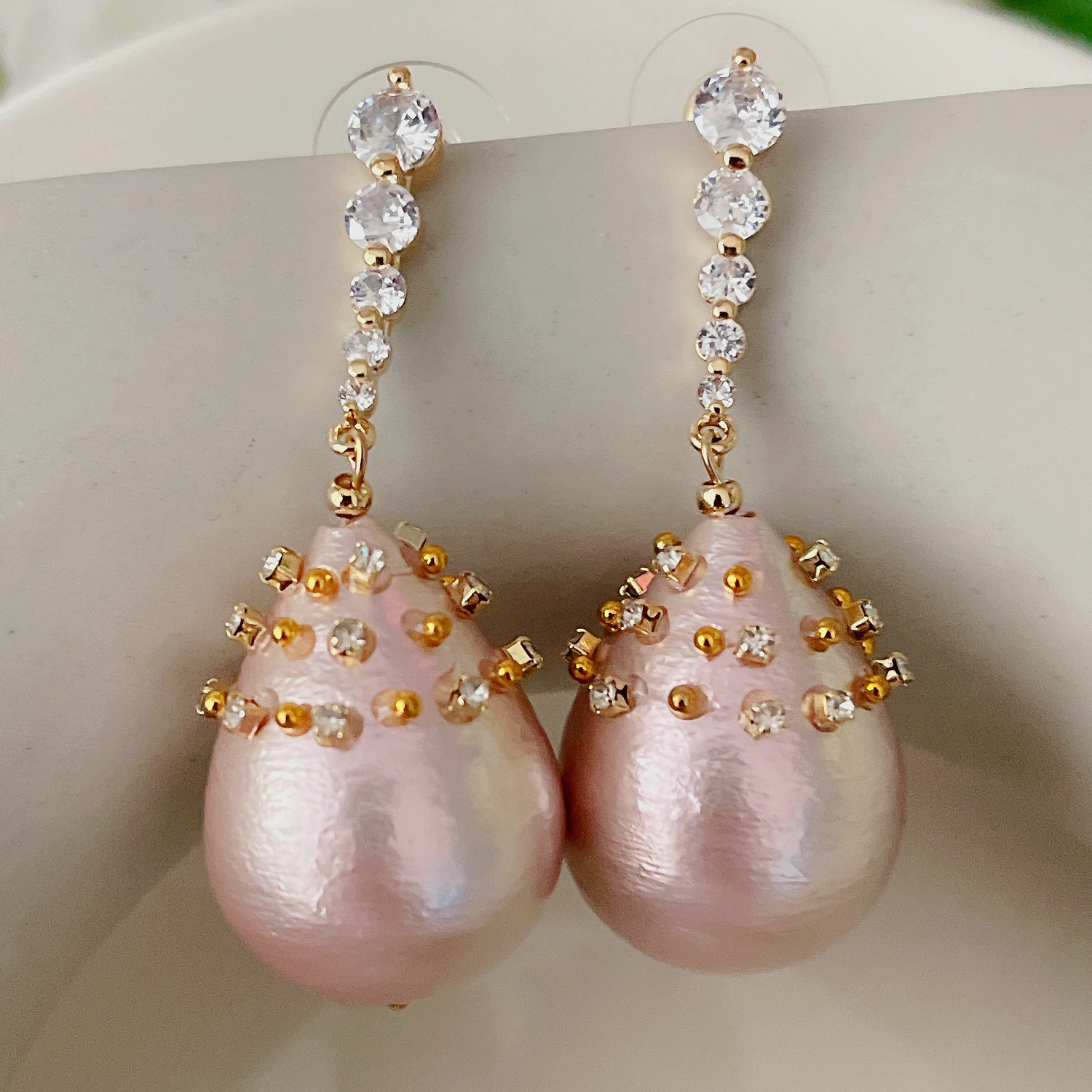 Pink big glass pearl drop earrings