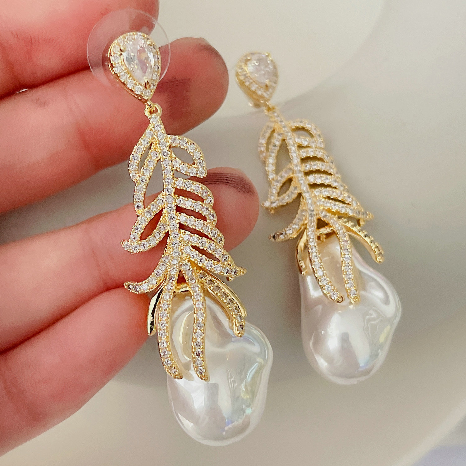 Glass pearl mirco pave earrings