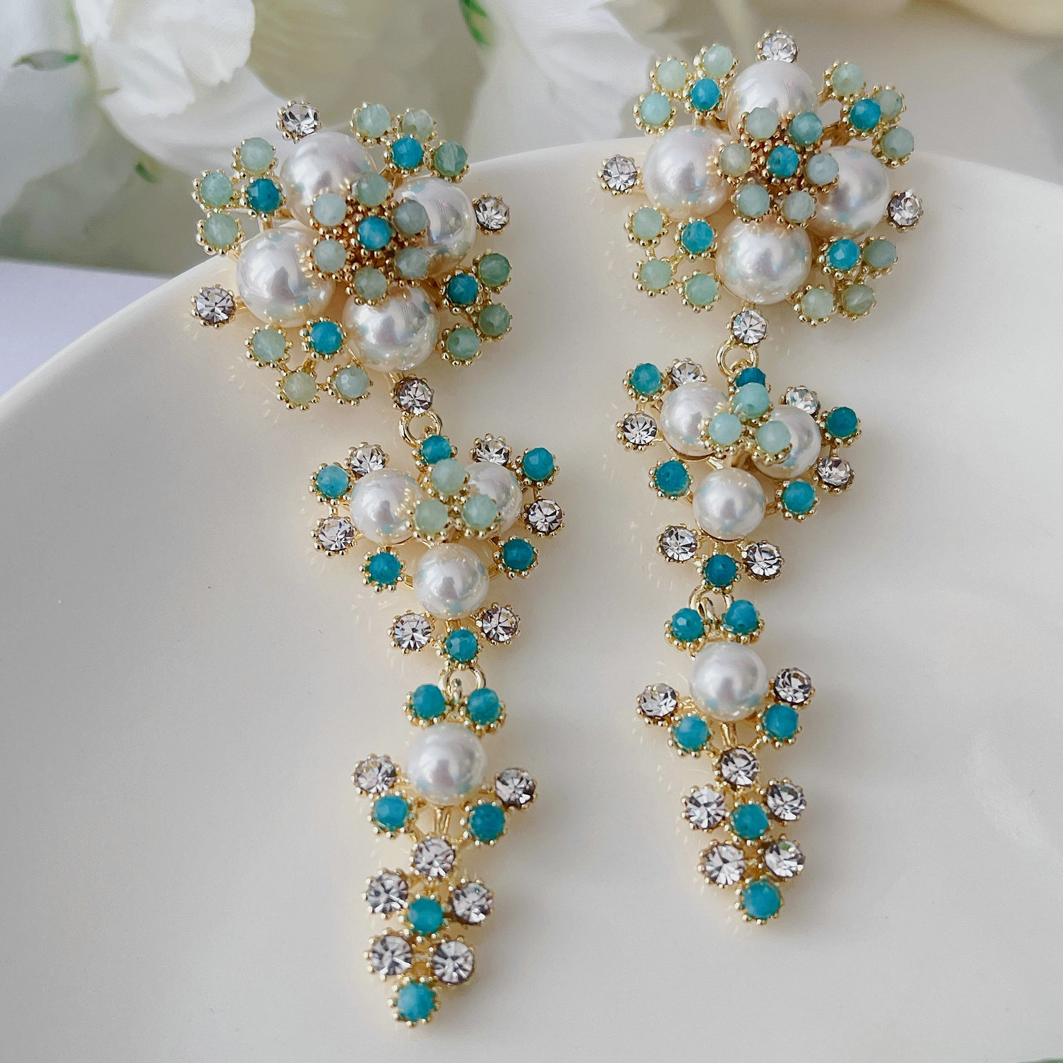 Blue long pearl earrings