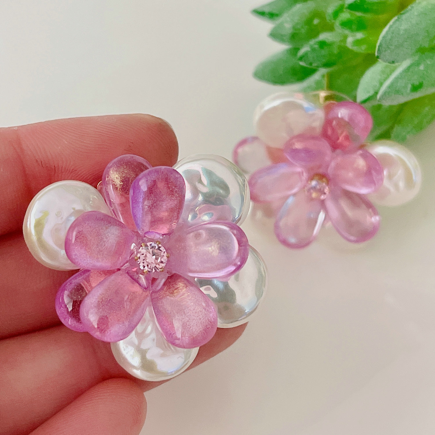 Pink flower earrings