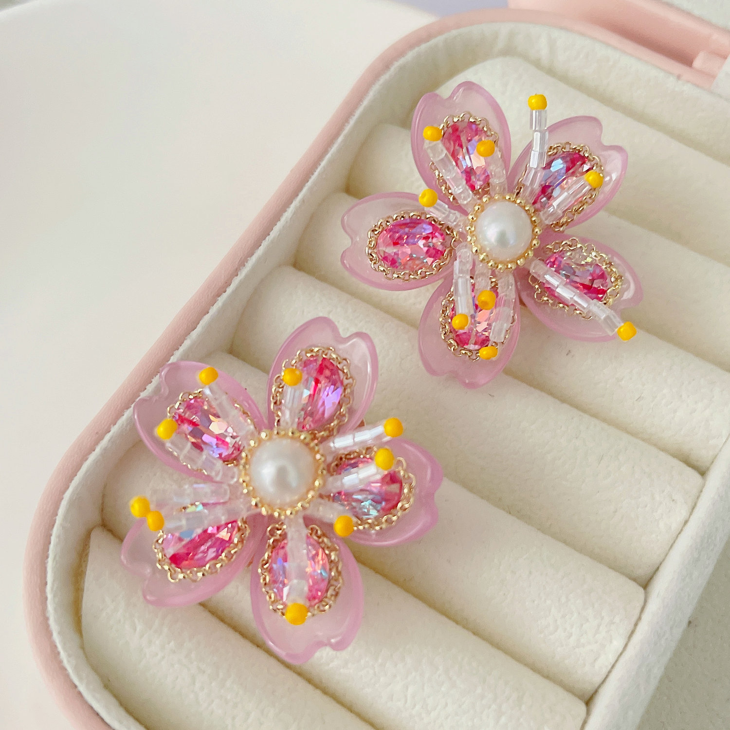 Pink crystal flower earrings