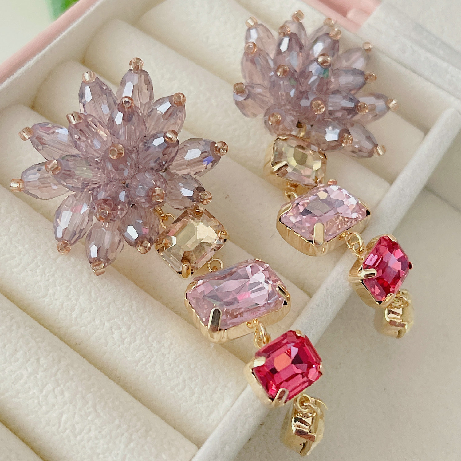 Long crystal flower earrings