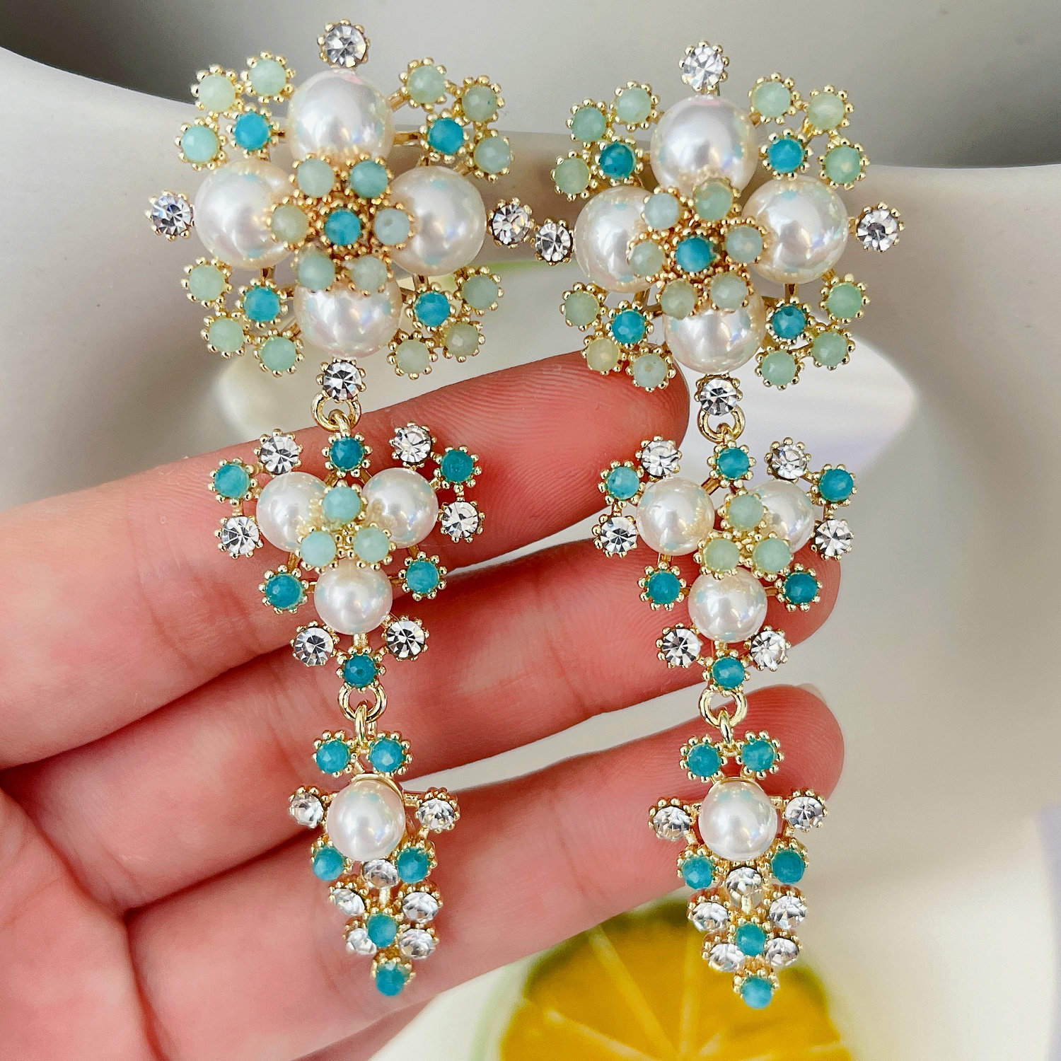 Blue long pearl earrings