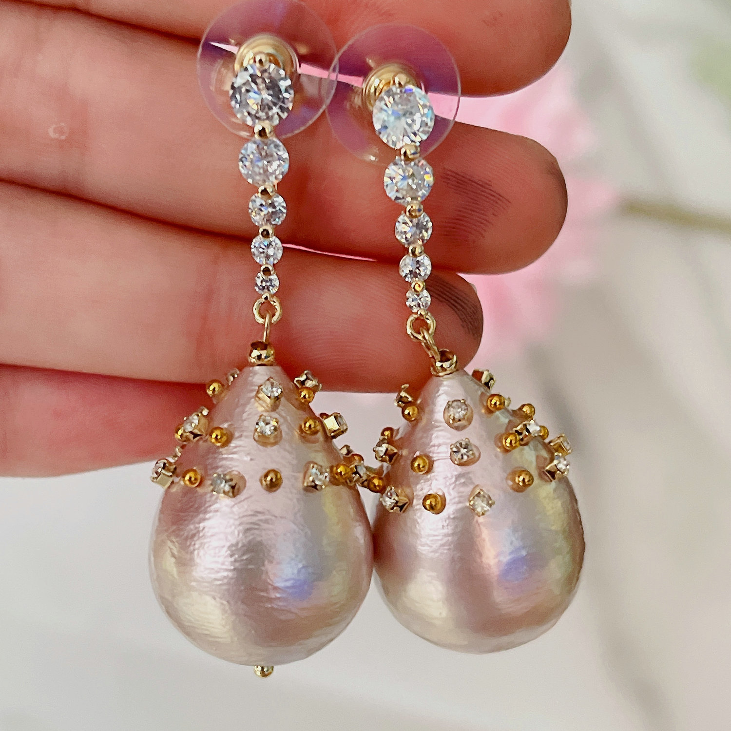 Pink big glass pearl drop earrings