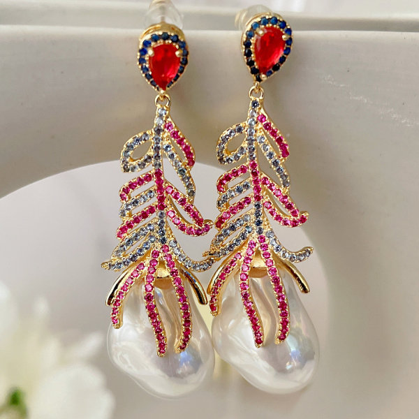 Colorful leaf glass pearl earrings