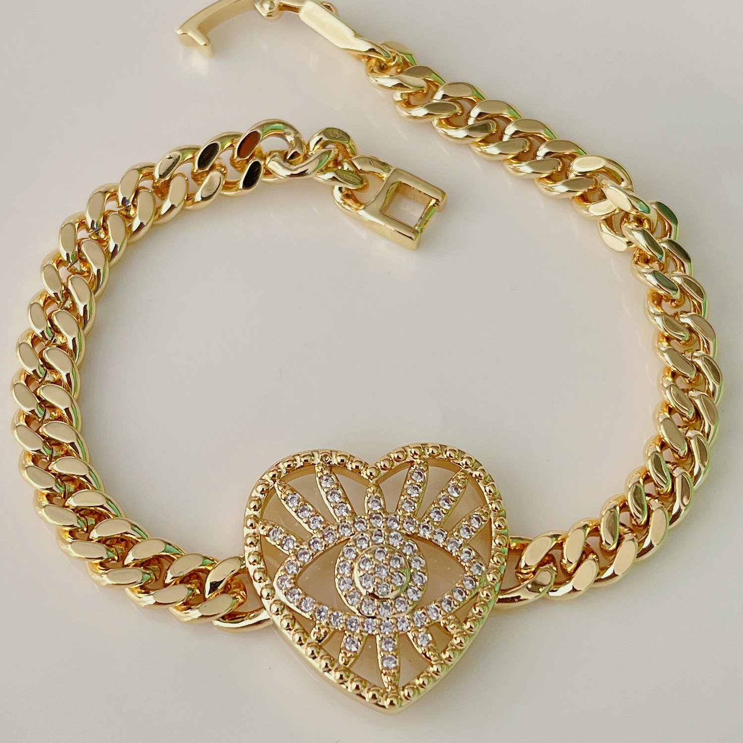 Pave heart cuban chain bracelet