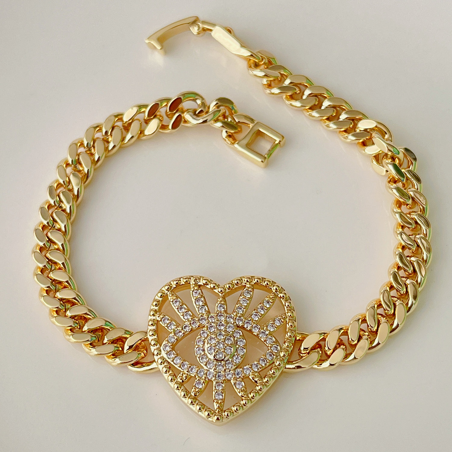 Pave heart cuban chain bracelet