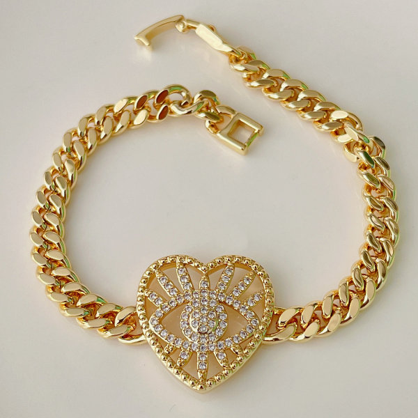 Pave heart cuban chain bracelet