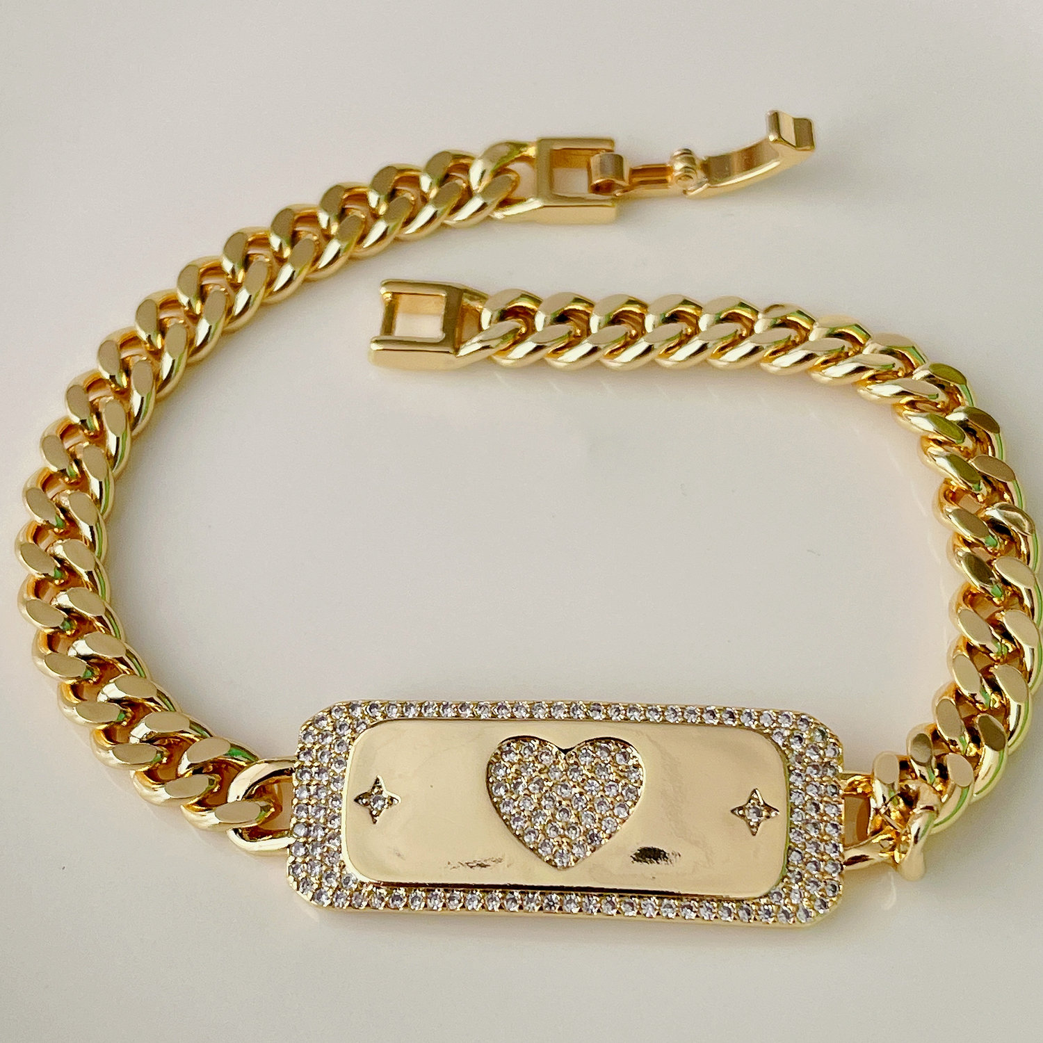Pave heart cuban chain bracelet